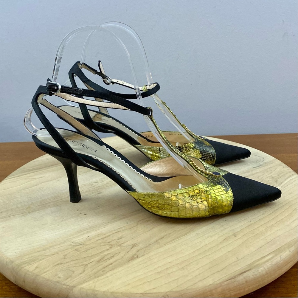Giorgio Armani Nero Black Satin Heels Pumps Leather Women’s‎ Sz 8 Y2K Artsy